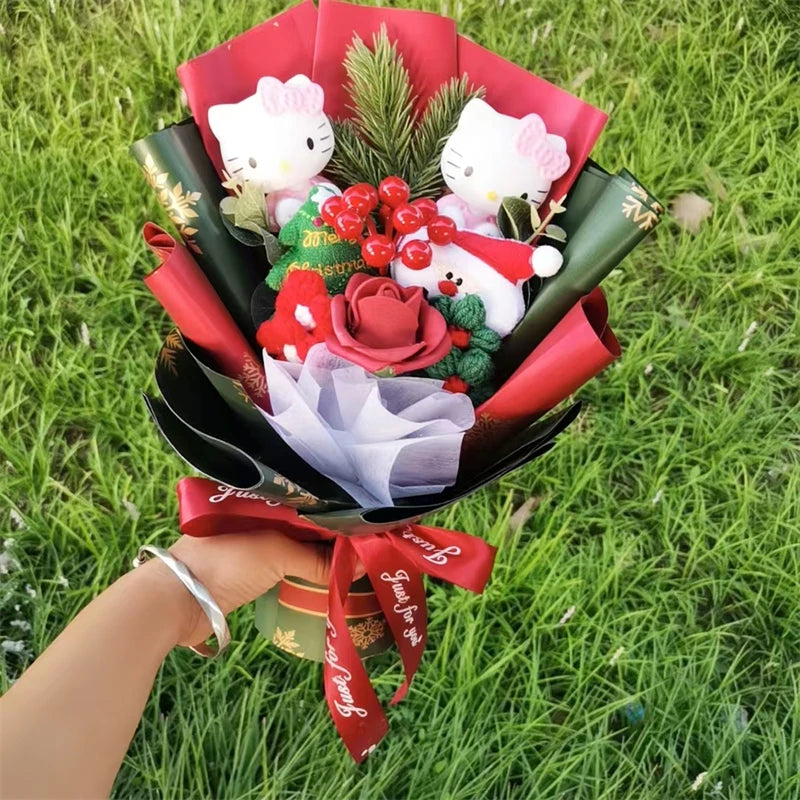 Anime Hello Kitty Cartoon Plush Bouquet Sanrio Artificial Rose Flowers Doll Christmas Home Wedding Decoration Valentine's Day Gi