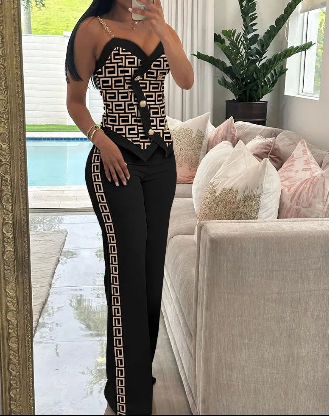 Spring Summer Sleeveless Suit Fashion Print Two Piece Sets Women Sexy V-neck Button Metal Sling Top & Wide Leg Pants Outfits