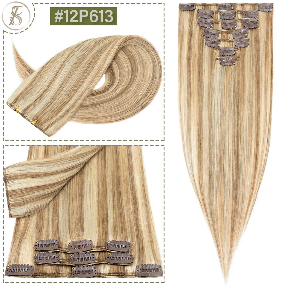TESS 7Pcs/Set Human Hair Clip In Hair Extensions Natural Extension 14"-24" Full Head Blonde Human Hair Clip Ins Remy Hair Pieces