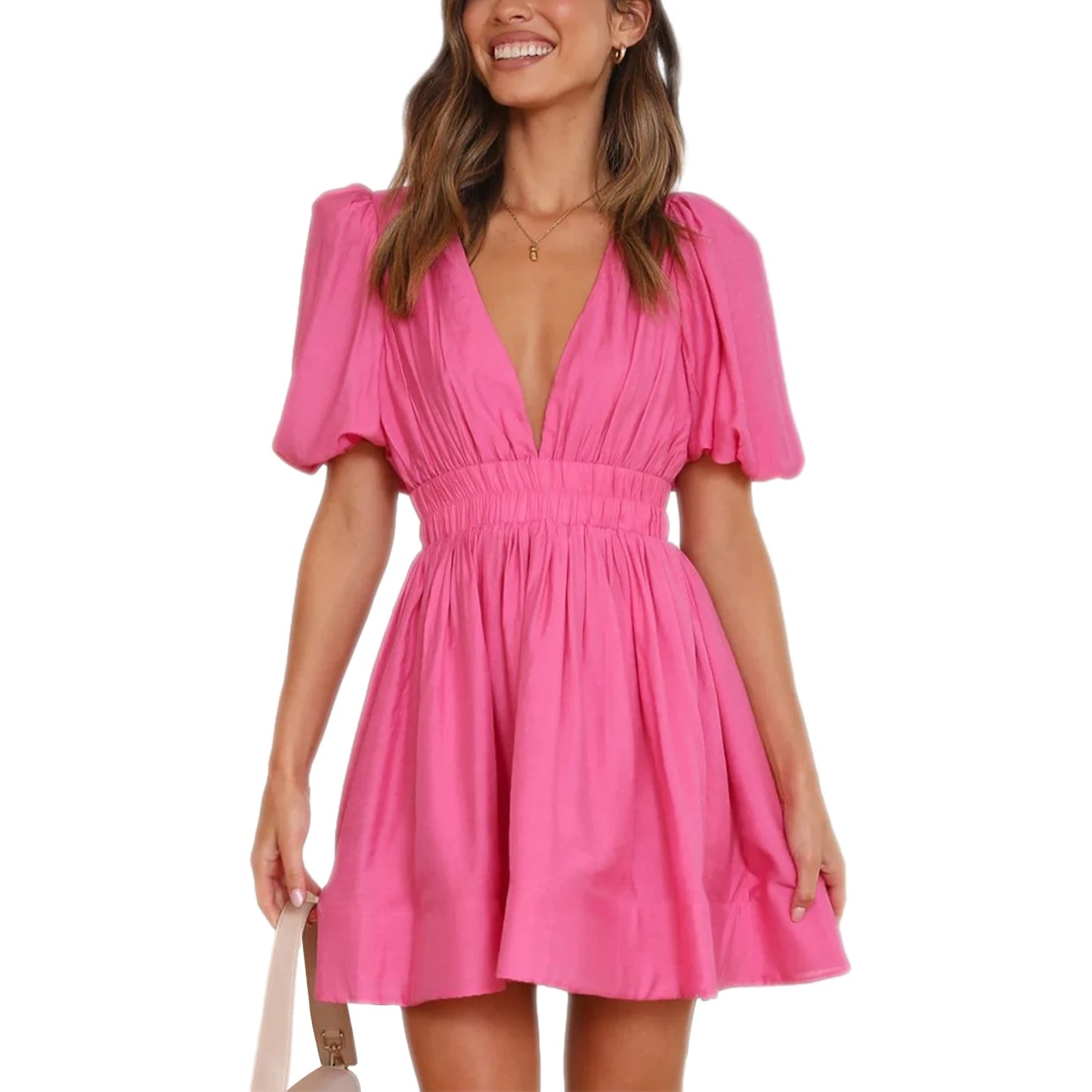 Women Summer Casual A-line Dress Solid Color Deep V-Neck Short Puff Sleeve Mini Dress Fashion Party Short Dress