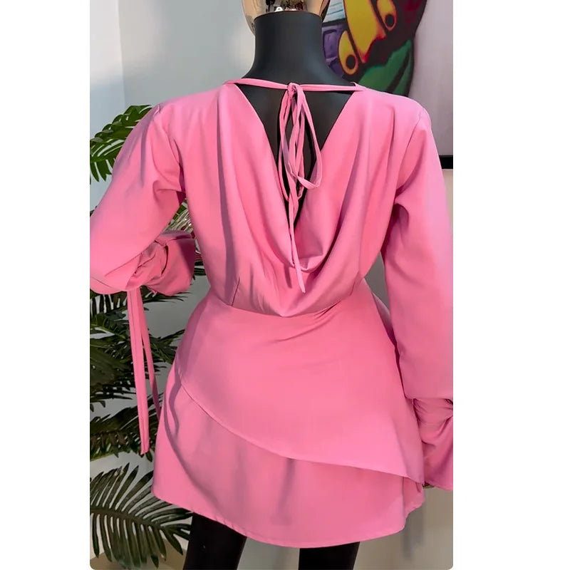 CM.YAYA Women Tie Up Bow Long Sleeve O-neck Mini Dress 2025 Birthday Holiday Sexy Club Party Evening High Street A-Line Dresses