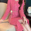 Modphy Autumn Fashion Rose Red Woolen Two Piece Set Women Golden Button Chain Belt Tweed Short Jacket Coat+Split Midi Skirt Suit