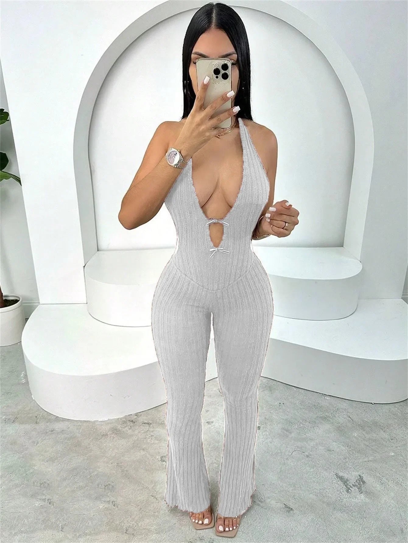 Women Knit Halter Bow Sleeveless Long Jumpsuits 2025 Summer Backless Sexy Outfits Night Club Party One Piece Rompers