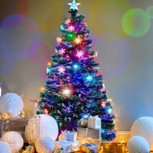 6 ft Pre-Lit Optical Fiber Christmas Artificial Tree, RGB Color Changing LED Lights, Snowflakes & Top Star, Fake Xmas Tree.