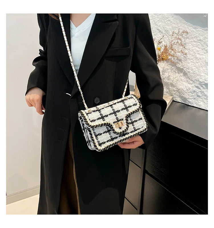 Black & White Plaid Casual Shoulder Bag Crossbody Handbag Women's Shoulder Bags Handbags With Top Handle Fashion Square Bag