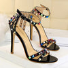 Summer Women Roman High Heels Rivets Studded Sandals Stiletto Gladiator Pumps Open Toe Luxury Shoes Hollow One-word Buckle 267-2