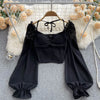 SINGREINY Polka Dot Folds Short Blouse Summer Slash Neck Long Sleeve Women Tie Halter Elastic Waist Fashion French Beach Top