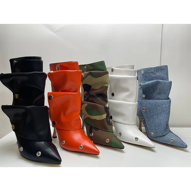 2025 Classics Women Pointed Toe Strange Heels Boots For Woman's Rivet Button Zipper-Sid Solid Color High Heels Shoes Botas Altas