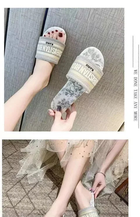 2024 Letter Slippers Fashion Flat Woman Single Shoes Casual Shoes Female Outer Wear Letter Sandals Women's Shoes Flat