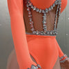 Sexy See-Through Strapless Rhinestone Tops Zipper Jacket High-waisted Shorts 3-Pieces Sets Party Nightclub Perfprmance Costume