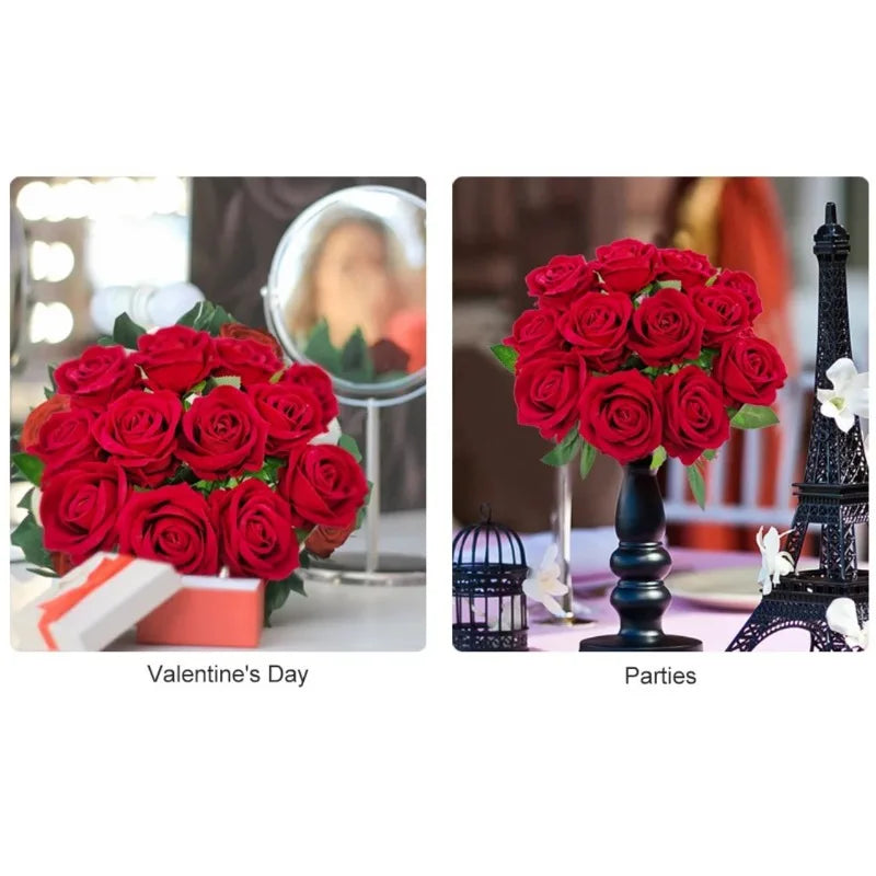 20 Pcs Artificial Velvet Silk Rose Flower Bouquet Real Looking Fake Roses Home Wedding Centerpieces Party Decorations