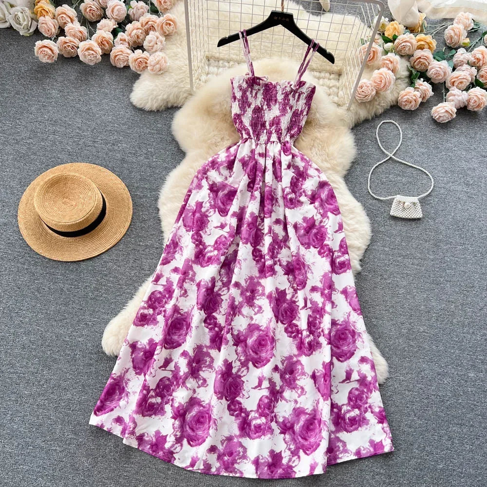 2024 New Summer Korean Fashion Rose Flower Print Romantic Retro Party Dress Elastic High Waist Vacation Long Dress Beach Vestido