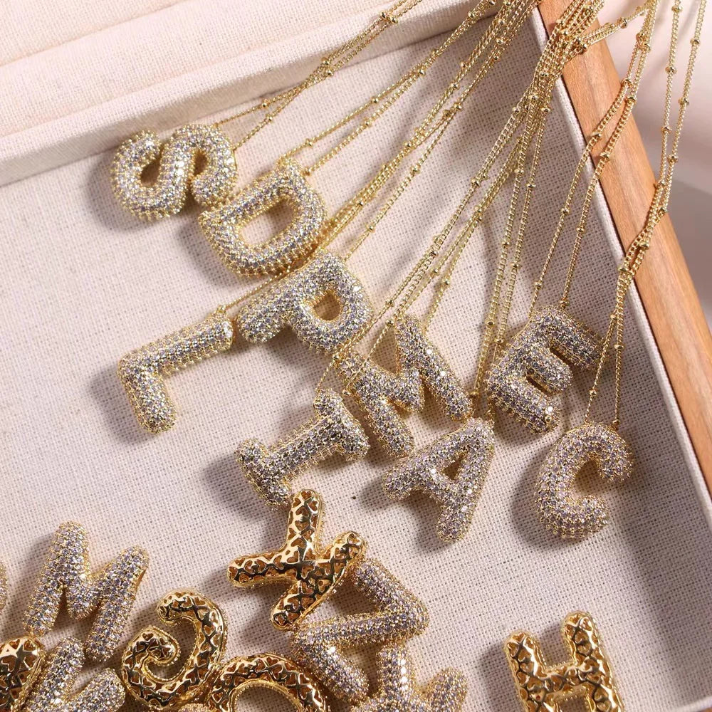 Cubic Zirconia Gold Plated  Bubble Alphabet Letter Necklace Monogram Necklace Balloon Initial Necklace Gifts for Women Girls