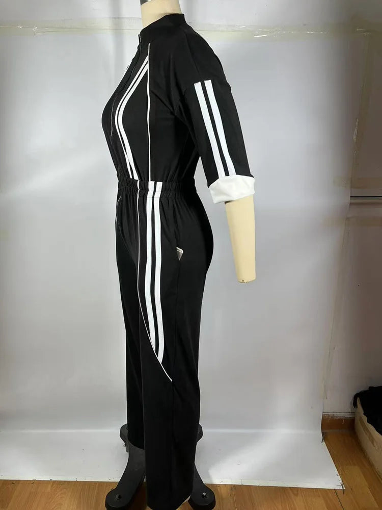 Beyprern Bragging Rights Jumpsuit For Women Runway Short Sleeve Zipper Front Striped Jumpsuit Fitted Romper Club Overalls Outfit