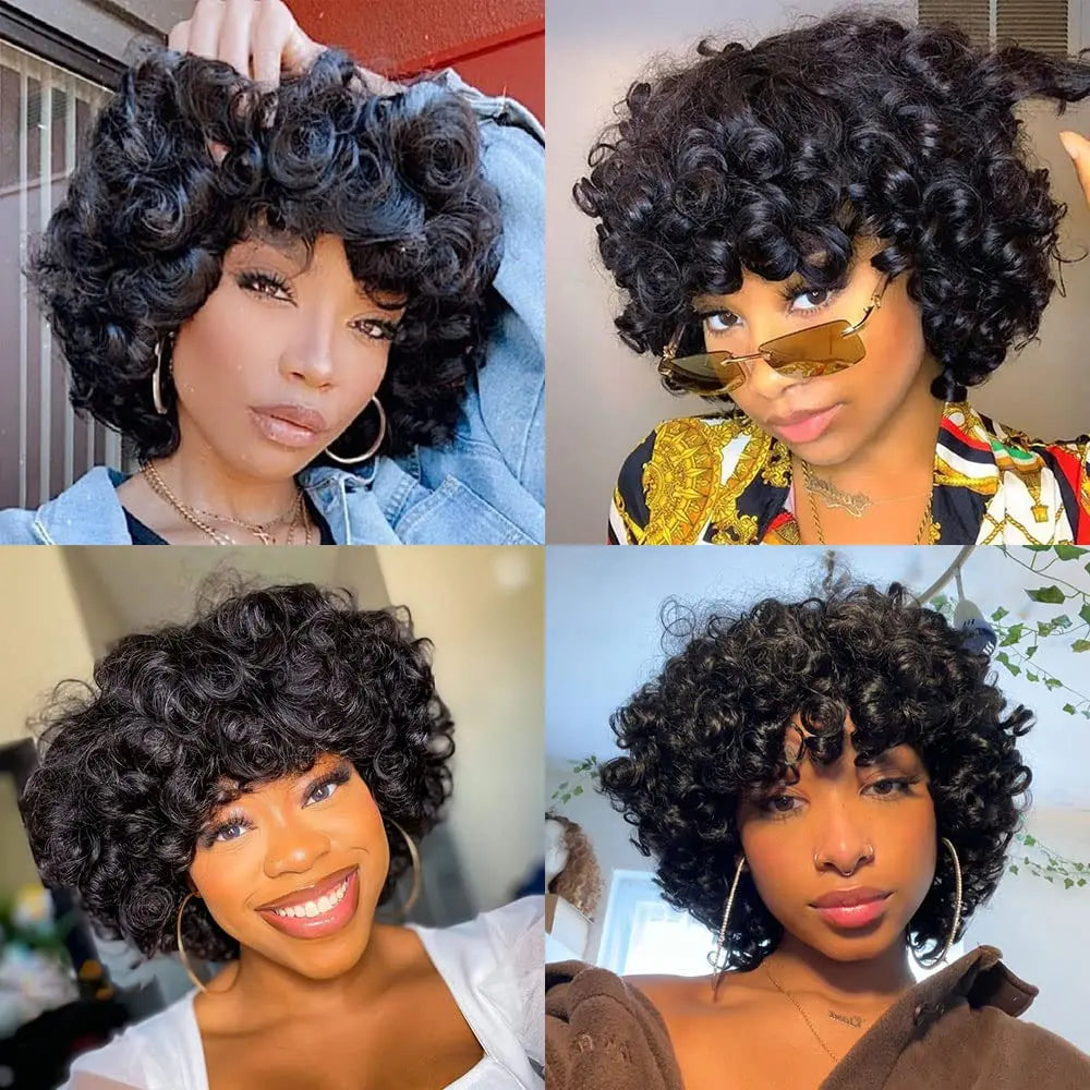 250% Bob Bouncy Curly Human Hair Wigs Loose Bouncy Rose Curly Wigs With Bangs Brazilian Remy Hair Machine Made Wig for Women