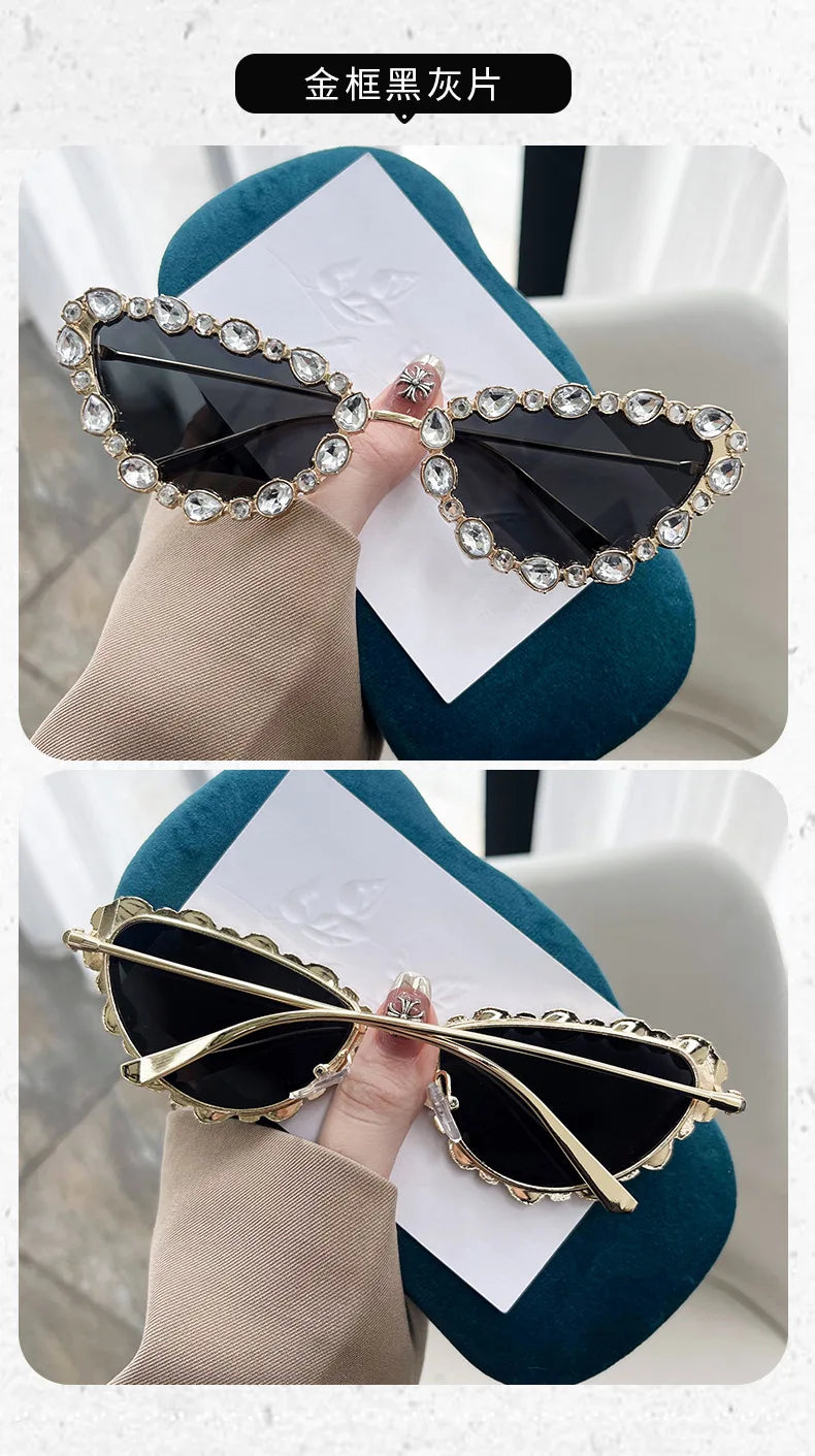 KLASSNUM Luxury Woman Sunglasses Cat-eye Rhinestone Sunglasses 2024 Trendy Party Eyepiece Glitter Metal Frame Color Lens Shades