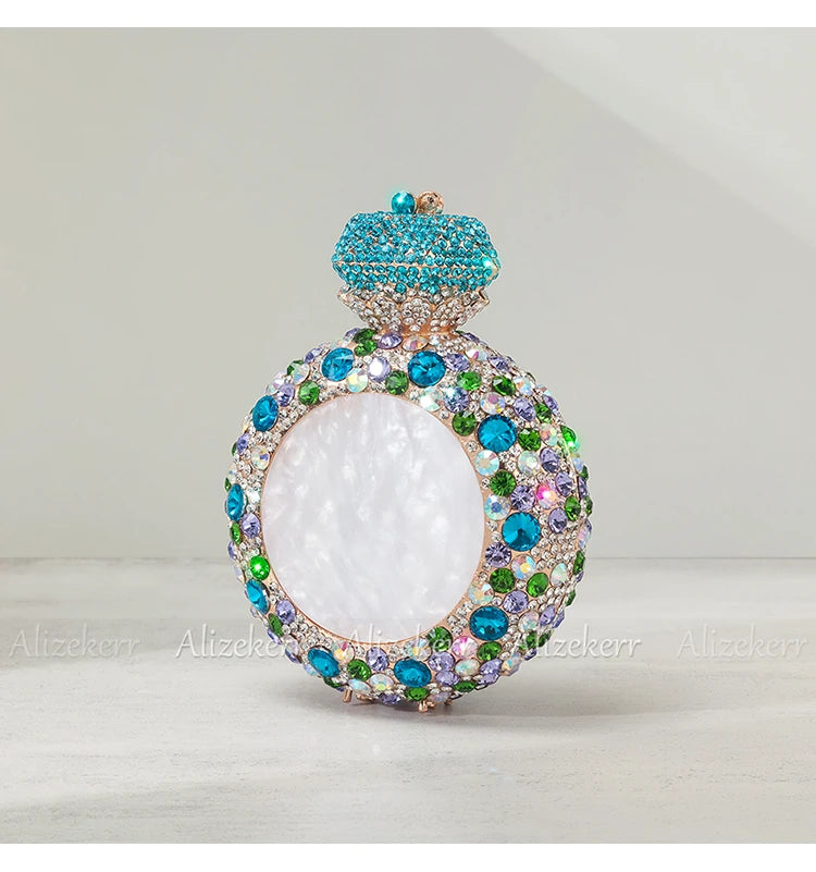 Alizekerr Perfume Bottle Shaped Crystal Evening Bags Women Gorgeous Classy Rhinestone Round Metal Clutch Purses Wedding Party