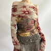 CIBBAR Vintage Mesh See Through Cropped Top y2k Aesthetic Floral Print Slash Neck Long Sleeve T-Shirts Women Retro Fashion Tees