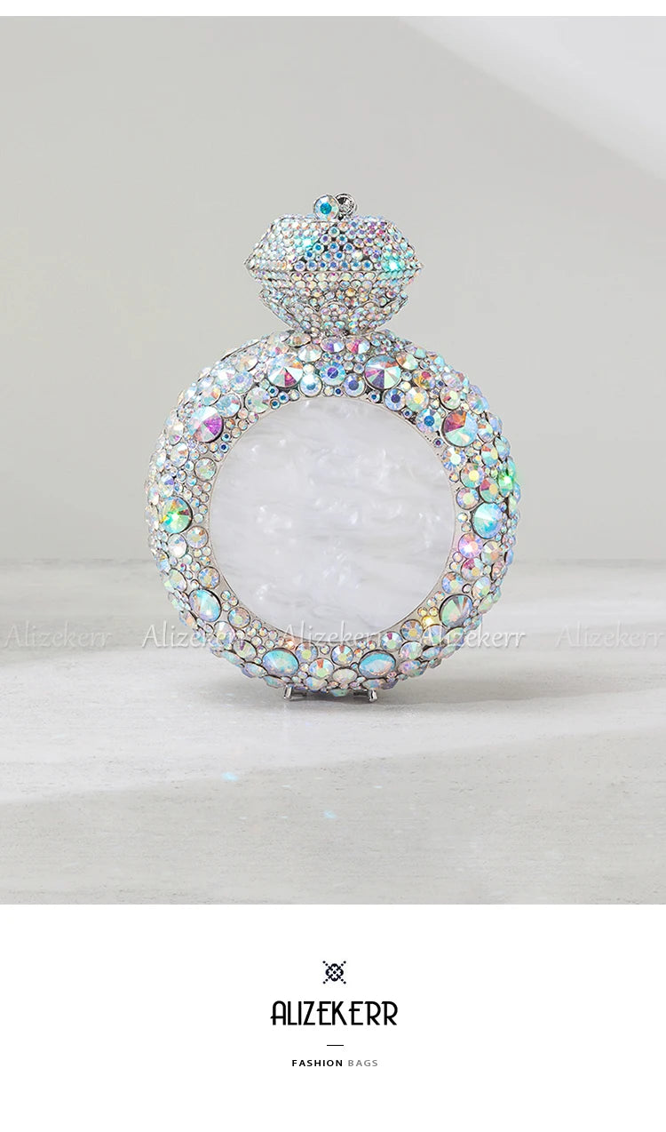 Alizekerr Perfume Bottle Shaped Crystal Evening Bags Women Gorgeous Classy Rhinestone Round Metal Clutch Purses Wedding Party