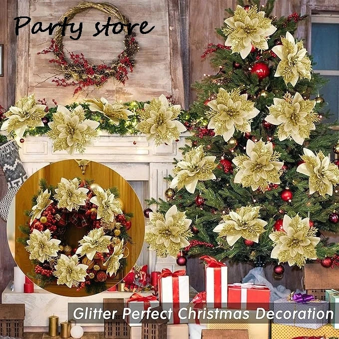 Silver Glitter Christmas Flowers Silver Xmas Tree Artifical Flower Ornaments Merry Christmas Decoration For Home Party New Year