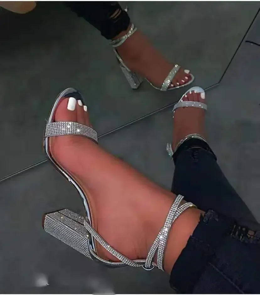 Shiny Gold Rhinestones Chunky Heels Sandals Women Sexy Cross Ankle Strap Silver High Heels Summer Party Dress Shoes Ladies Pumps