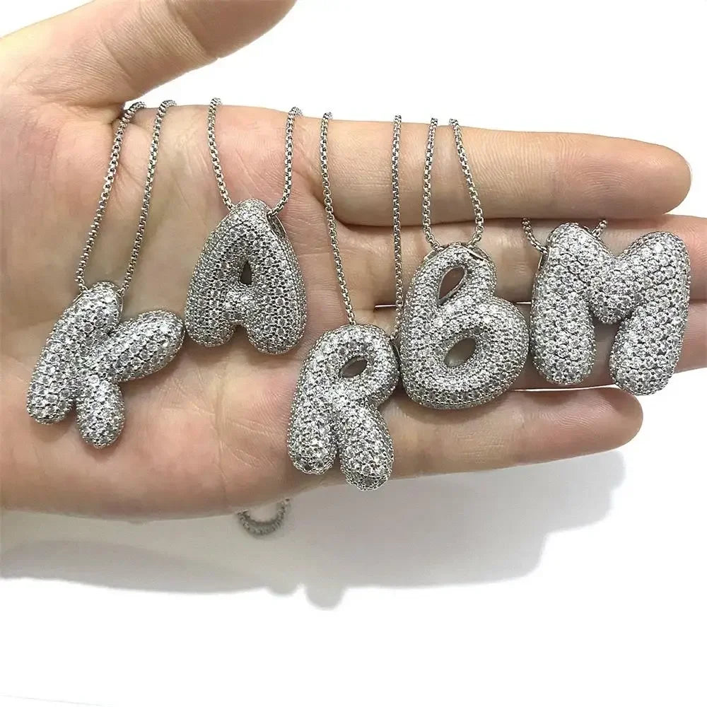 18K Gold Plated Waterproof Thick Bubble Alphabet Letter Clavicle Choker Necklace Sparkling Rhinestone Balloon Initial Jewelry