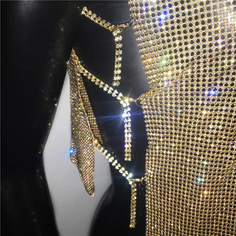 Sexy Rhinestone Backless Party Crop Top Women Glitter Turtleneck TShirt Adjustable Metal Chain Summer Nightculb Diamond Tank Top