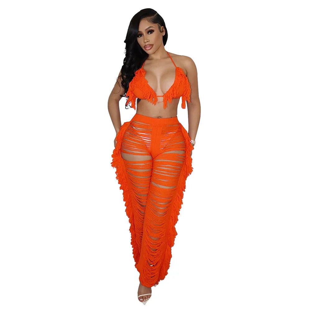 RT Sexy Women Crochet Set Two Pieces Set Halter Backless Top Pants Tassels Knitted 2 Pieces Set Hollow Out Crocheted Beach Set