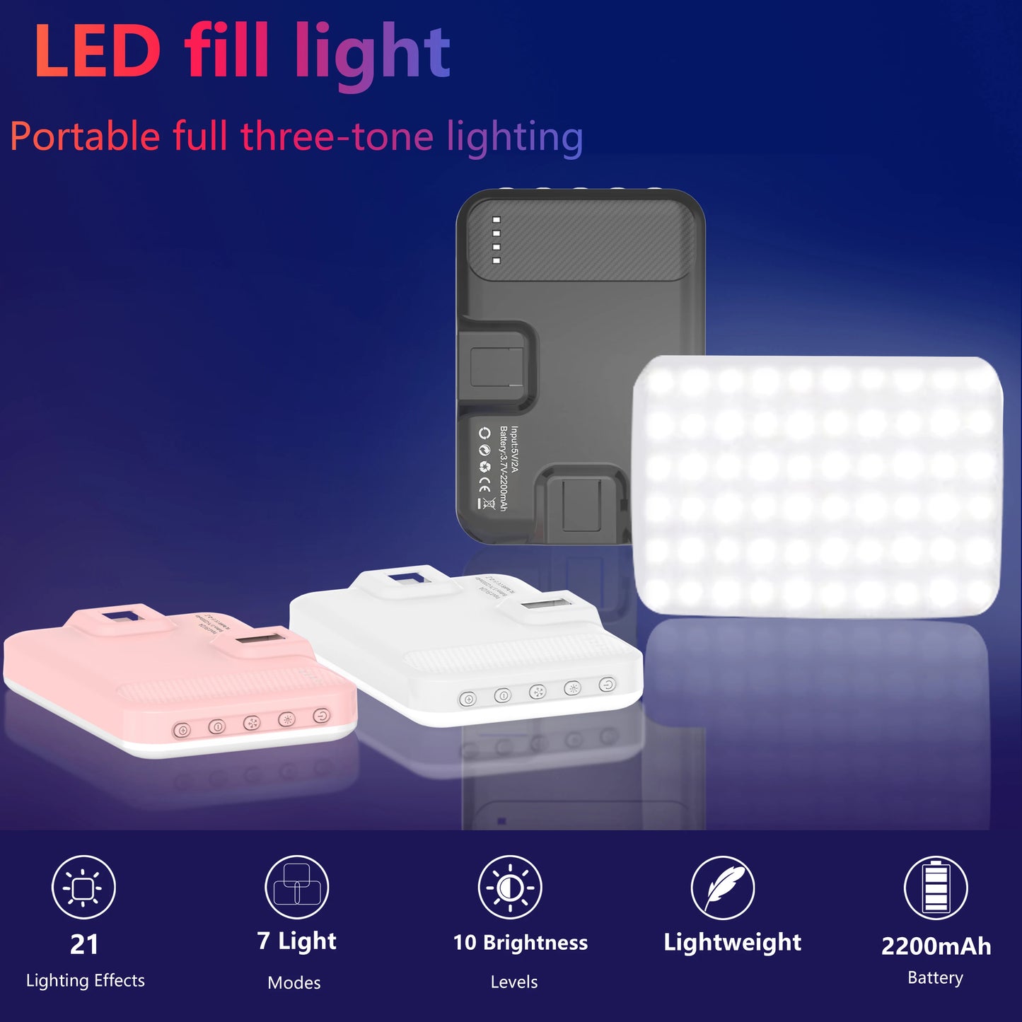 LED Selfie Light 60 High-quality LED Beads 2200mAh Rechargeable CRI 97+, 7 Light Modes Portable on Light for Phone/Tablet/Laptop