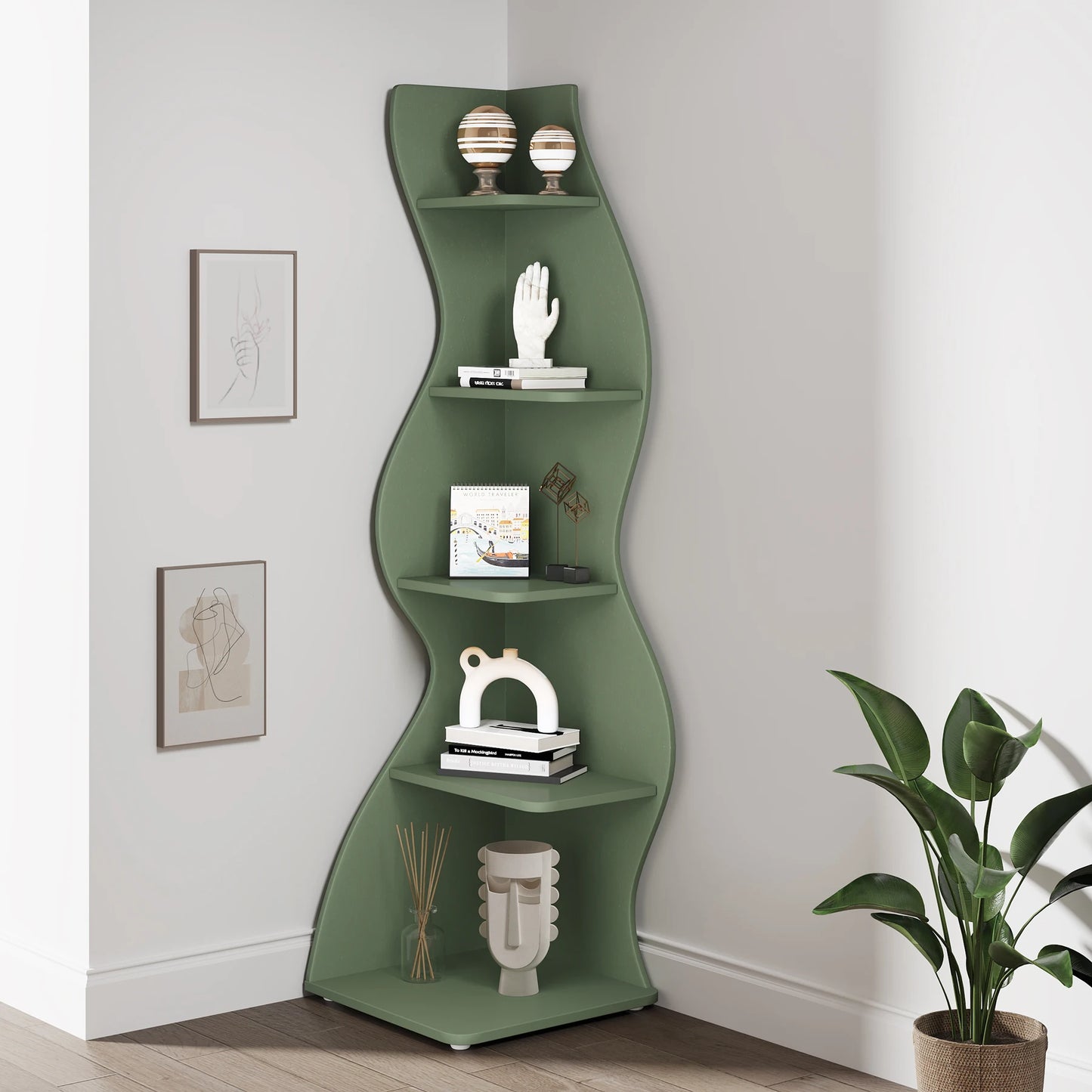 Tribesigns Corner Shelf, Modern 5-Tier Wall Corner Bookshelf, Stylish Corner Small Bookcase Storage Rack Plant Stand