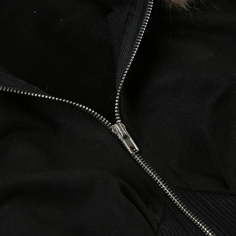 BIIKPIIK Fur Collar Hooded Women Coats Casual Zipper Slim Hoodies Simple All-match Black Harajuku Coat Autumn Winter Sweatshirts