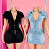 2025 New Denim Short Sleeve Dress Women Modest Sexy Summer Stylish Slim Stretch Acid Wash Vintage Belt Jean Bodycon Dresses