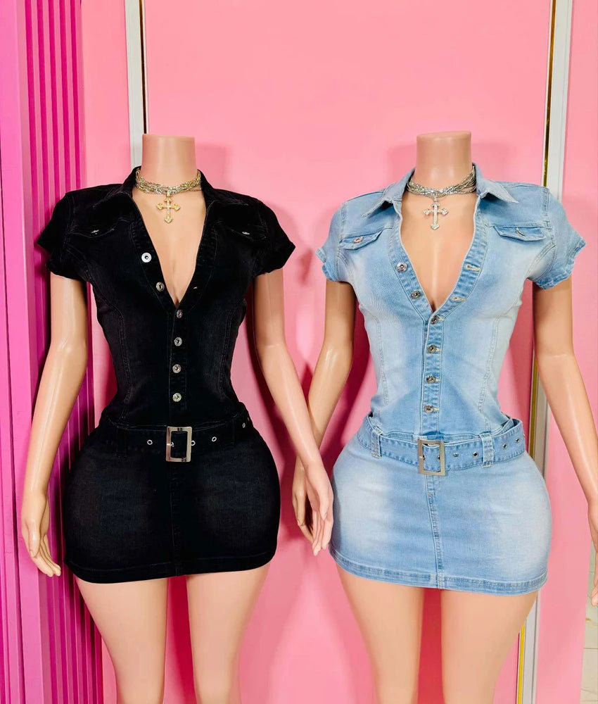 2025 New Denim Short Sleeve Dress Women Modest Sexy Summer Stylish Slim Stretch Acid Wash Vintage Belt Jean Bodycon Dresses