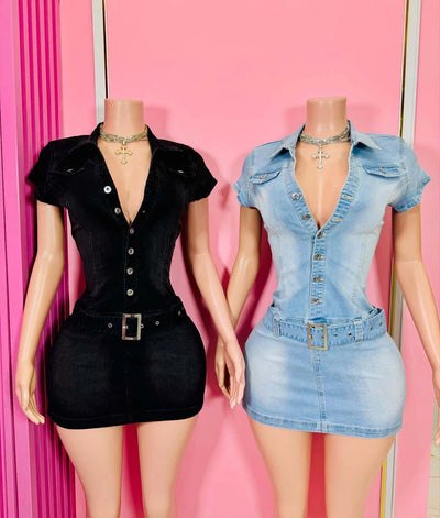 2025 New Denim Short Sleeve Dress Women Modest Sexy Summer Stylish Slim Stretch Acid Wash Vintage Belt Jean Bodycon Dresses
