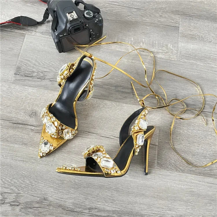 2024 Luxury Rhinestone Pointed Sandals Prom Super High Heel Sandals Slim Heel Dress Show Sandals Oversized 34-43 Women's Shoes