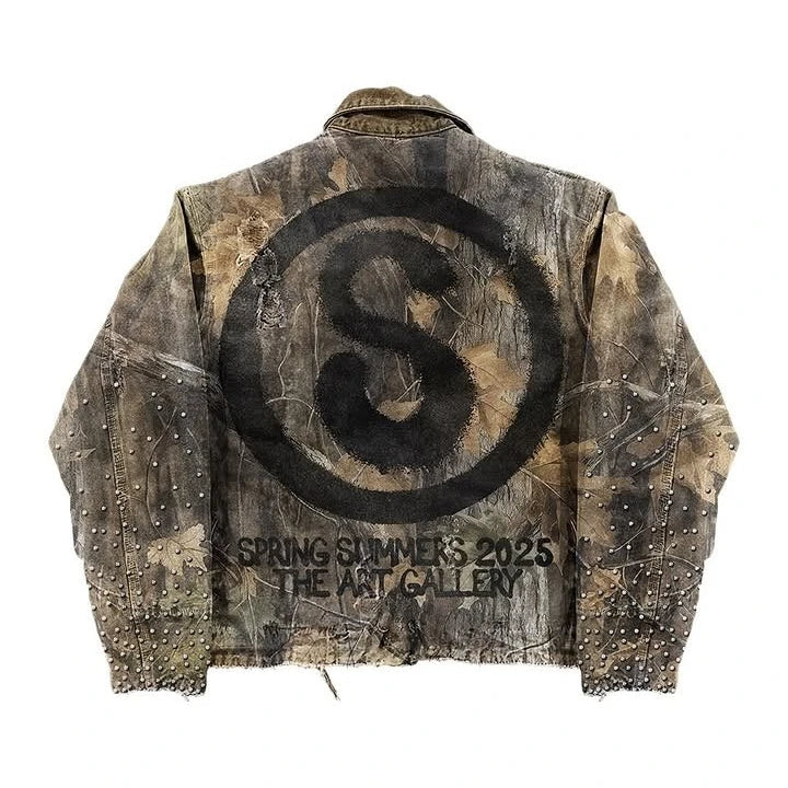 Vintage Leaves Camouflage Jeans Jacket Two Piece Set Y2K Suit Men Letters Rhinestone Sequins Oversized Coat Baggy Jeans Clothing