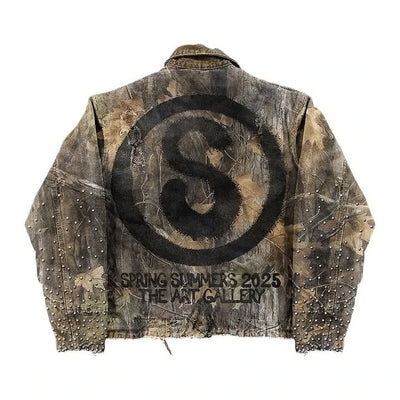 Vintage Leaves Camouflage Jeans Jacket Two Piece Set Y2K Suit Men Letters Rhinestone Sequins Oversized Coat Baggy Jeans Clothing