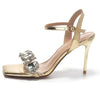 Summer One-word Rhinestone Square Head Sandals Women's Stiletto Open-toed Crystal Gemstone High Heels
