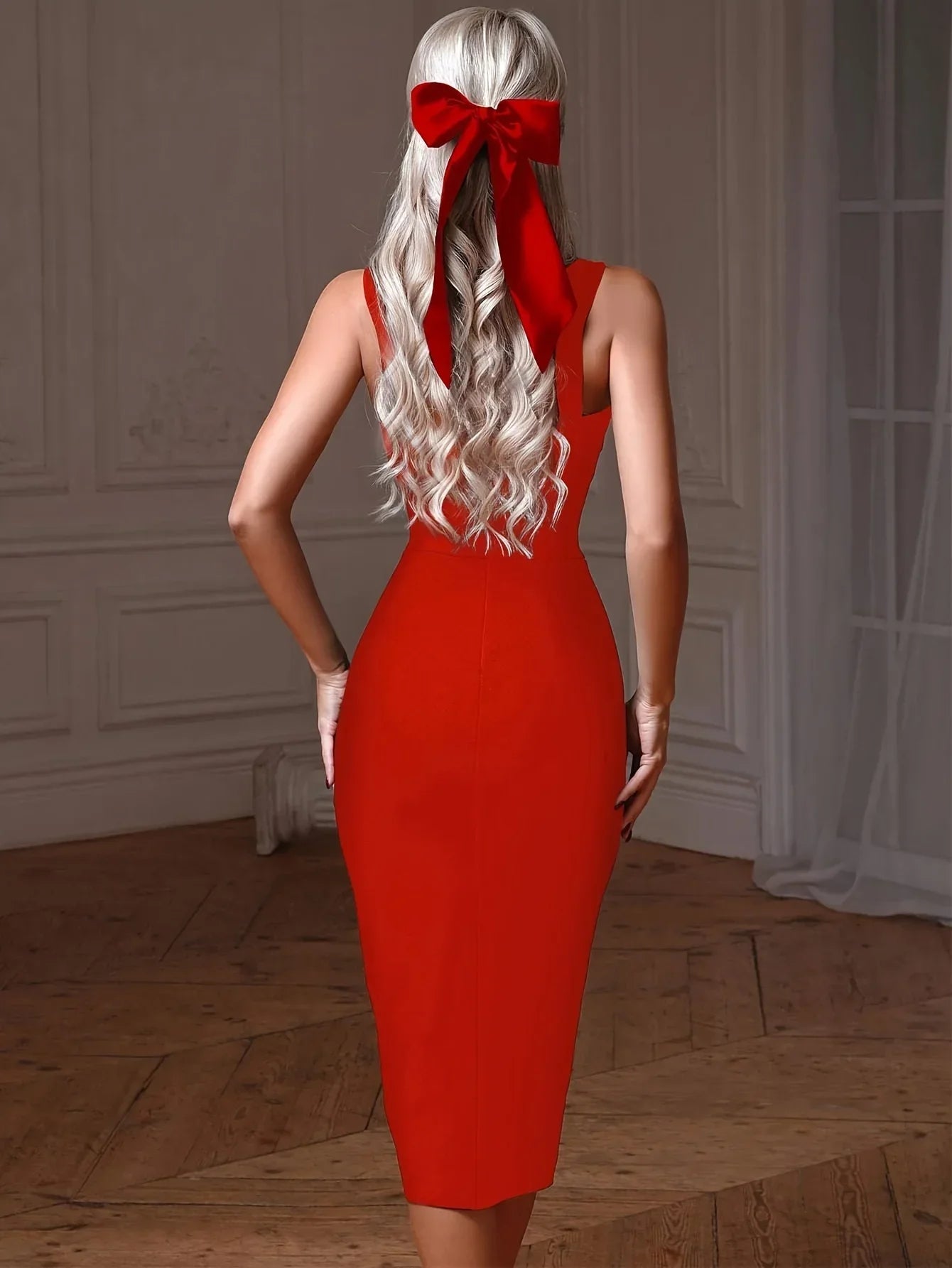 Midi Bandage Dress Women Red Party Dress Bodycon Elegant Sexy V Shaped Spaghetti Strap Evening Birthday Club Outfit 2023 Summer