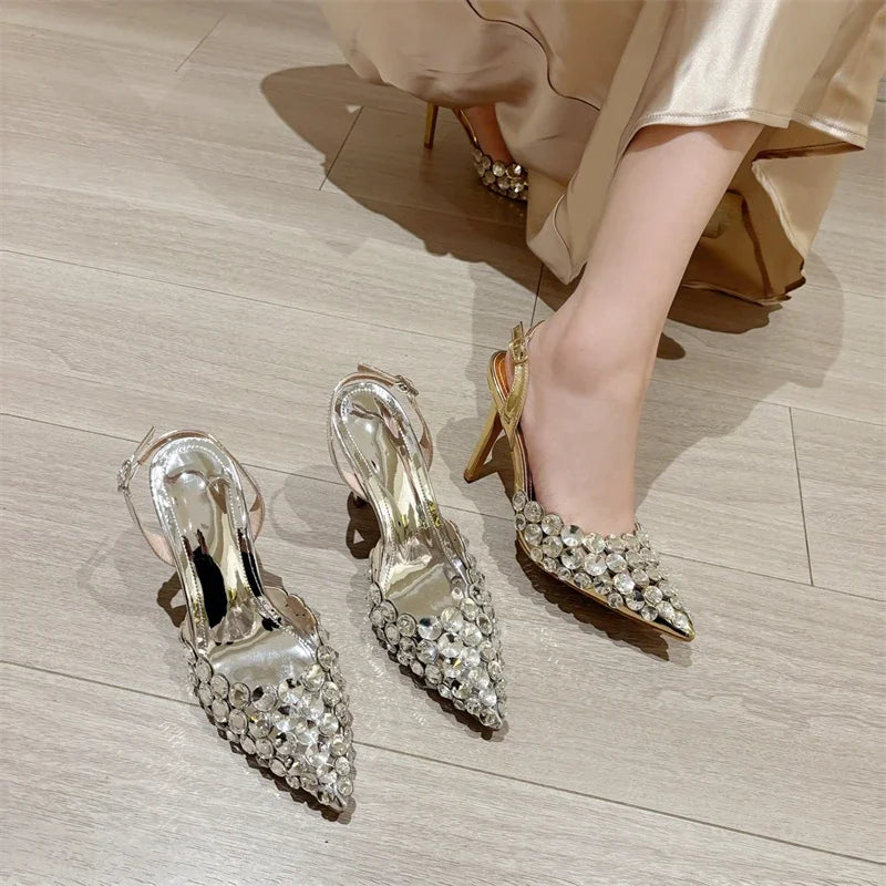 Eilyken Sexy Pointed Toe Women Pumps Elegant Crystal PVC Transparent Thin High Heels Slingback Party Prom Female Shoes