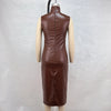 New Fashionable Solid Color Dark Brown High Neck PU Leather Sleeveless Waist Bag Hip Slit Dress For Women