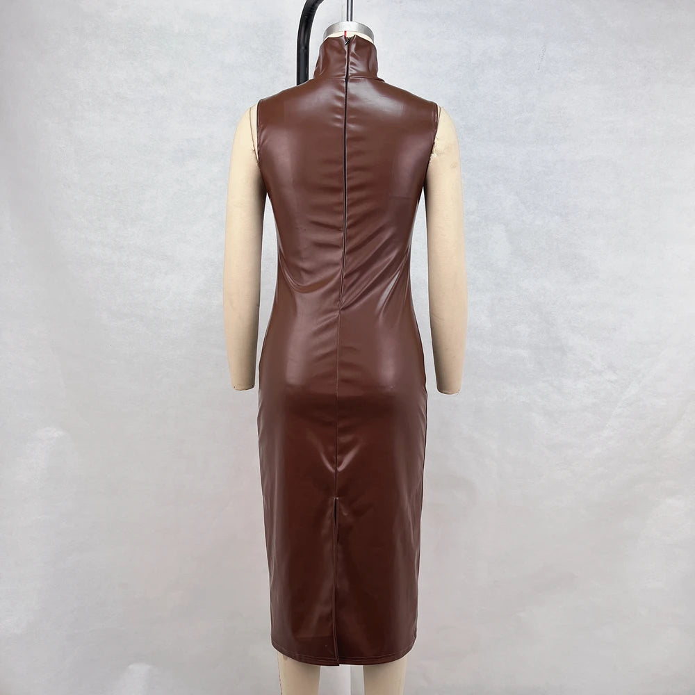 New Fashionable Solid Color Dark Brown High Neck PU Leather Sleeveless Waist Bag Hip Slit Dress For Women