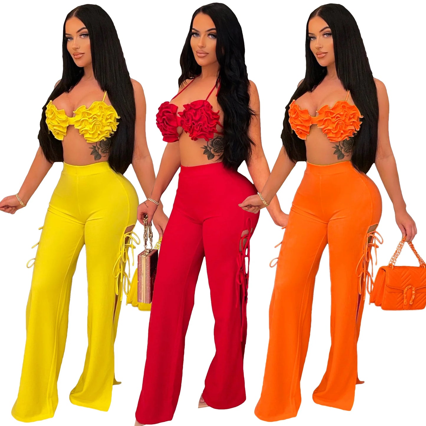 2022 Summer Women 2 Piece Set Floral Bra Tops and High Side Split Lace Up Wide Leg Pants Set Sweatsuit Tracksuit Outfits