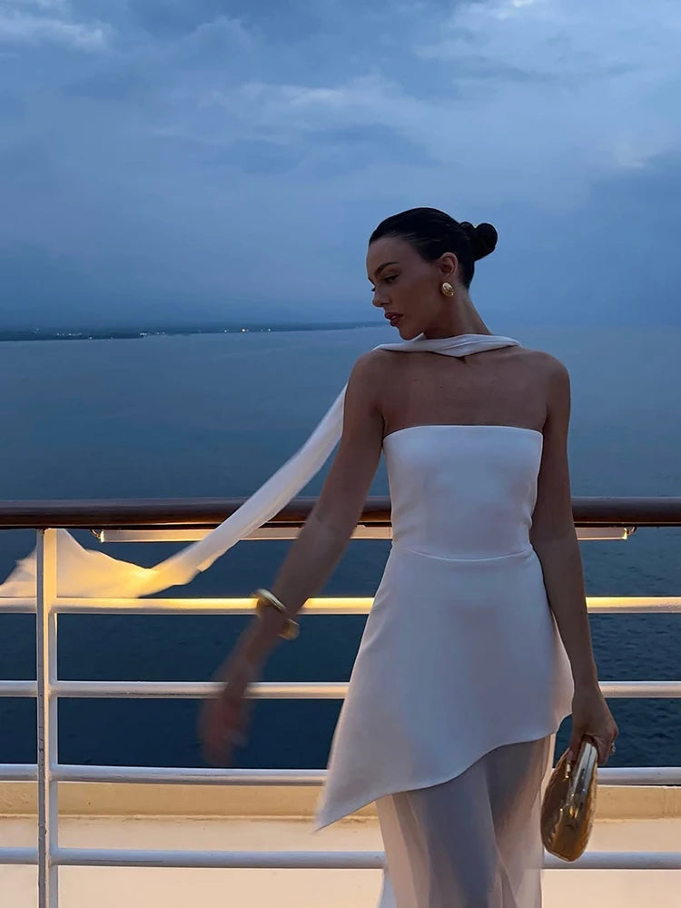 TARUXY Fashion Strapless Dress With Ribbon Female Elegant Sleeveless Mesh Beach Vacation Long Dress 2025 Spring New Women Dress