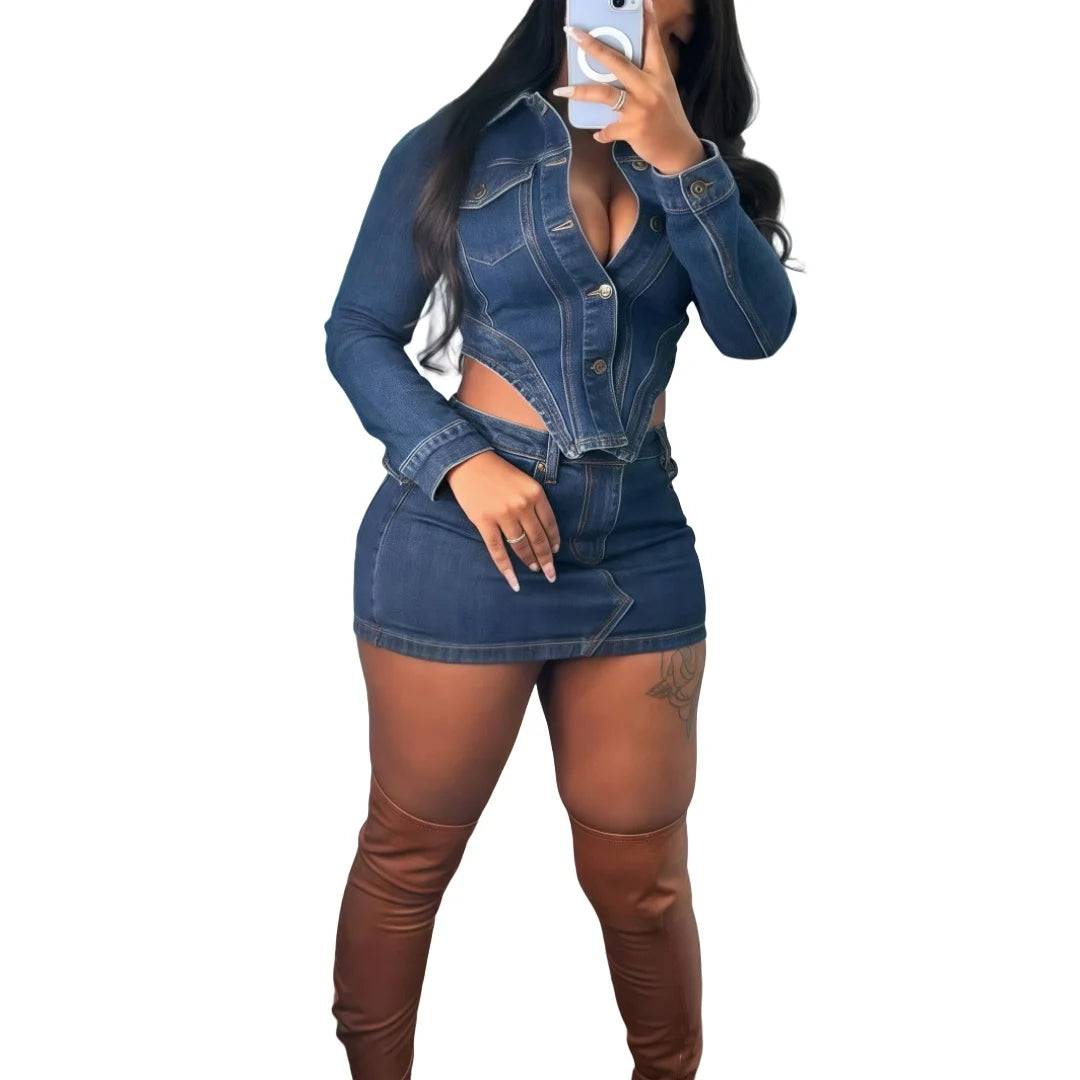 FAGADOER Fashion Denim Two Piece Set For Women Buttons Pocket Irregular Patchwork Crop Jacket + Skirt Female Streetwear Clothing