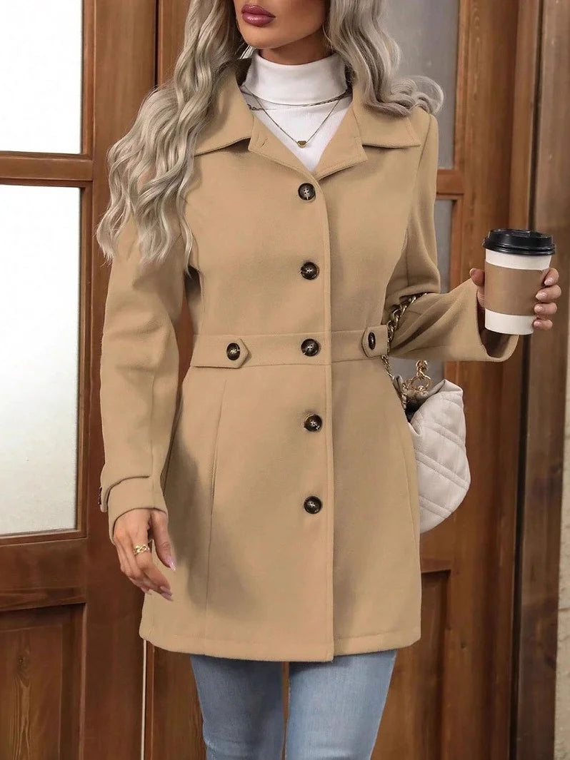 Autumn Winter New Mid-Length Elegant Woolen Coat Button Stand Collar Slim Fit Tweed Durable Fashionable Outerwear