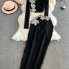 Faionable Diamond Embellied Wrap Skirt Set ort Top Long Dr Slimming High Collar Long Sve Zipper Two Piece Set