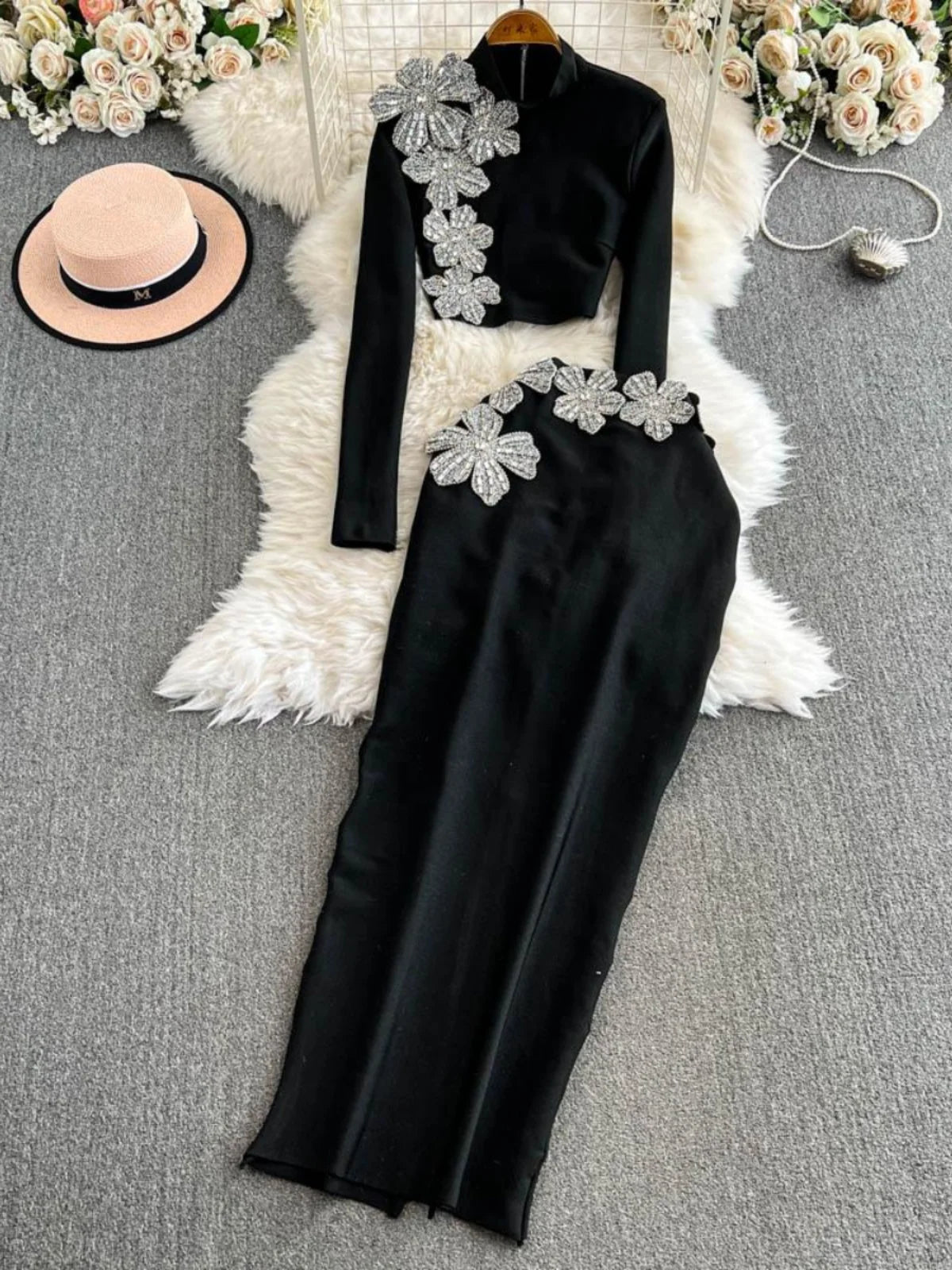 Faionable Diamond Embellied Wrap Skirt Set ort Top Long Dr Slimming High Collar Long Sve Zipper Two Piece Set