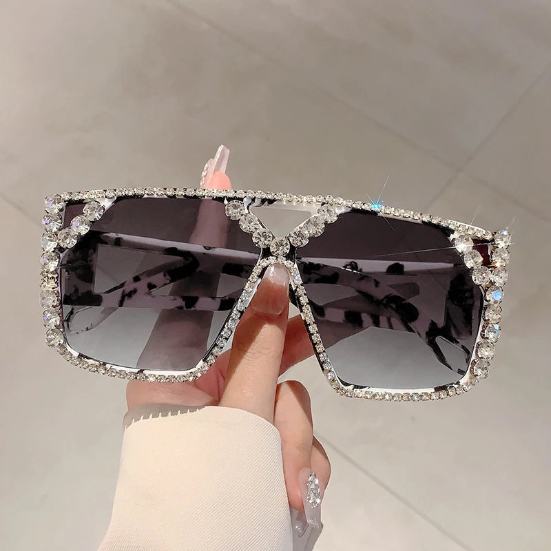 KAMMPT Rhinestone Shine Brand Design Sunglasses Fashion Women Grey Sun Glasses Trendy Decoration Sun Shades for Party Driving