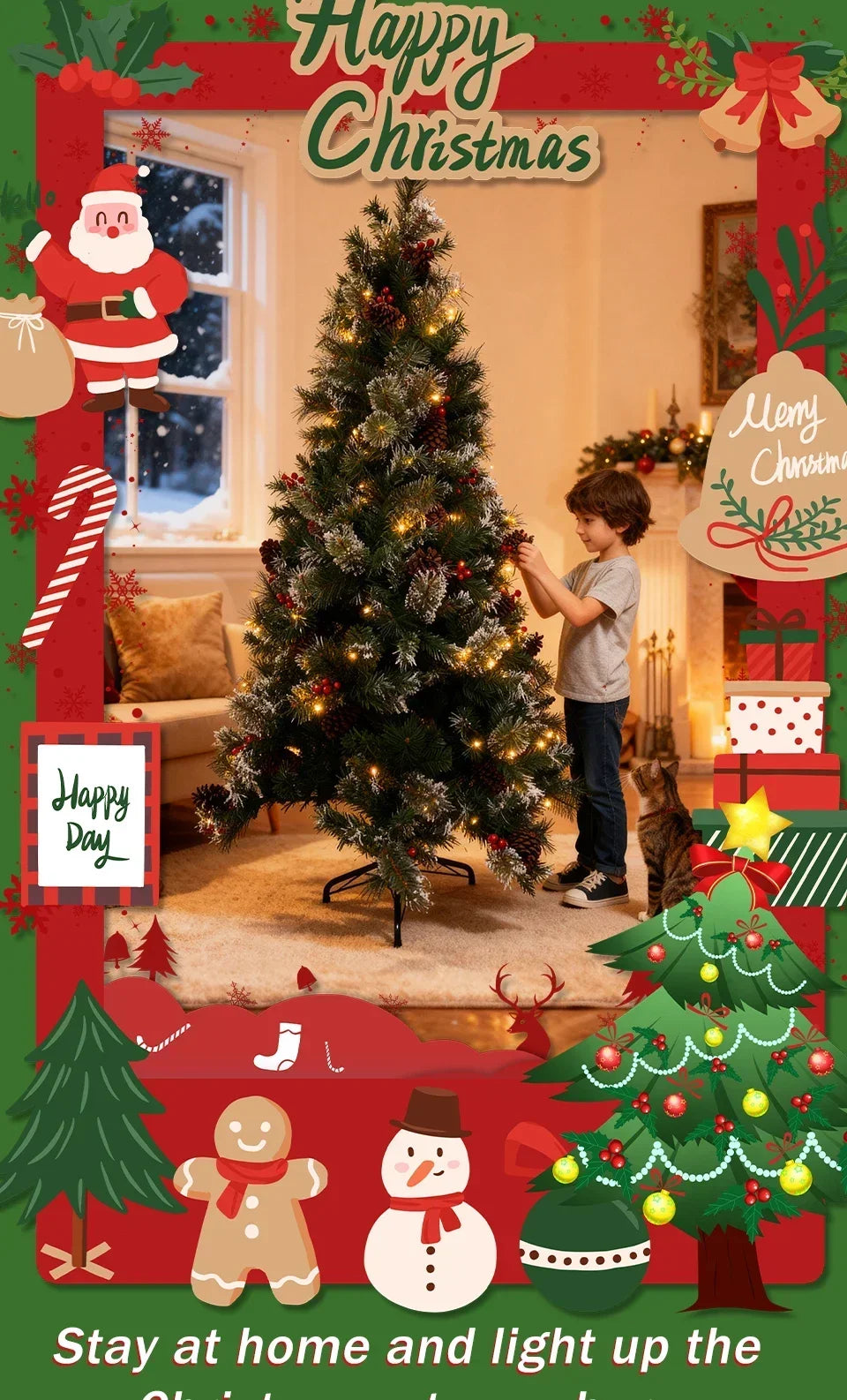 6/7FT Realistic Green Artificial Christmas Tree,Unlit,Decorated with Natural Pinecones & Holly Berries, Quick Setup,Metal Stand